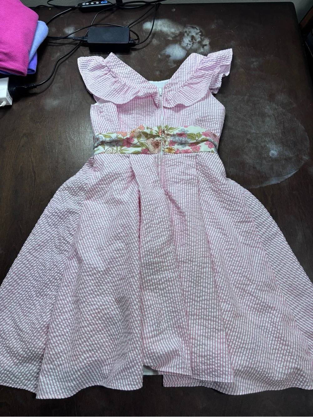 Rare Editions Pink Seersucker Dress with Floral Bow Sash